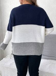 SHEIN LUNE Áo len dài tay cổ tròn màu tương phản cỡ lớn - Nhiều màu - Xem 2