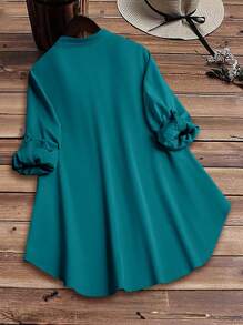 SHEIN LUNE Stand Collar, Colorful Button Front, Cat & Butterfly Print, Half-Arc Hem Shirt With Sleeve Cuffs Fall Cloth For Women - Teal Blue - View 2