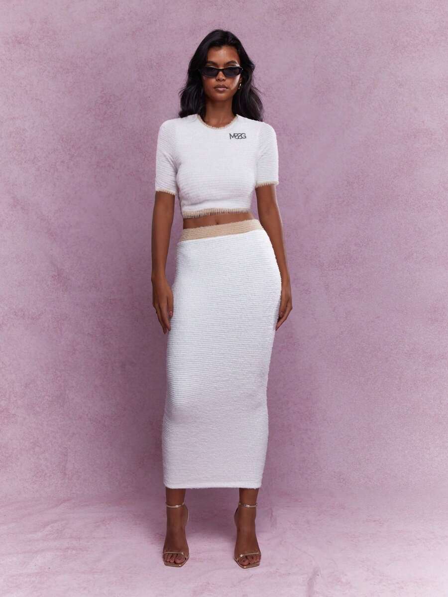 MISSGUIDED Fluffy Crop Top And Bodycon Skirt Set - White - View 1