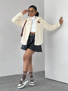 SHEIN Teen Girls' Striped Fluffy Coffee Star Jacket - Apricot - View 3