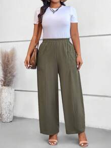 SHEIN VCAY Quần dài thường ngày màu trơn cỡ lớn cho nữ - xanh quân đội - Xem 7
