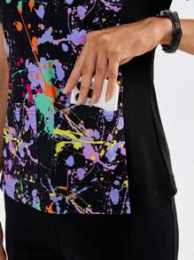 TaskEZ 2 Pockets V-Neck Short Sleeve Splash Ink Printed Uniform Top Scrub Top