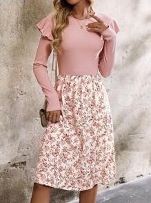 SHEIN Clasi Women's Cap Sleeve Ditsy Floral Midi Dress,Elastic Waist,Elegant,A-Line Fit Dress For Everyday,Work,Teacher Wear,Dusty Pink,Autumn,Tea Party - Multicolor - View 3