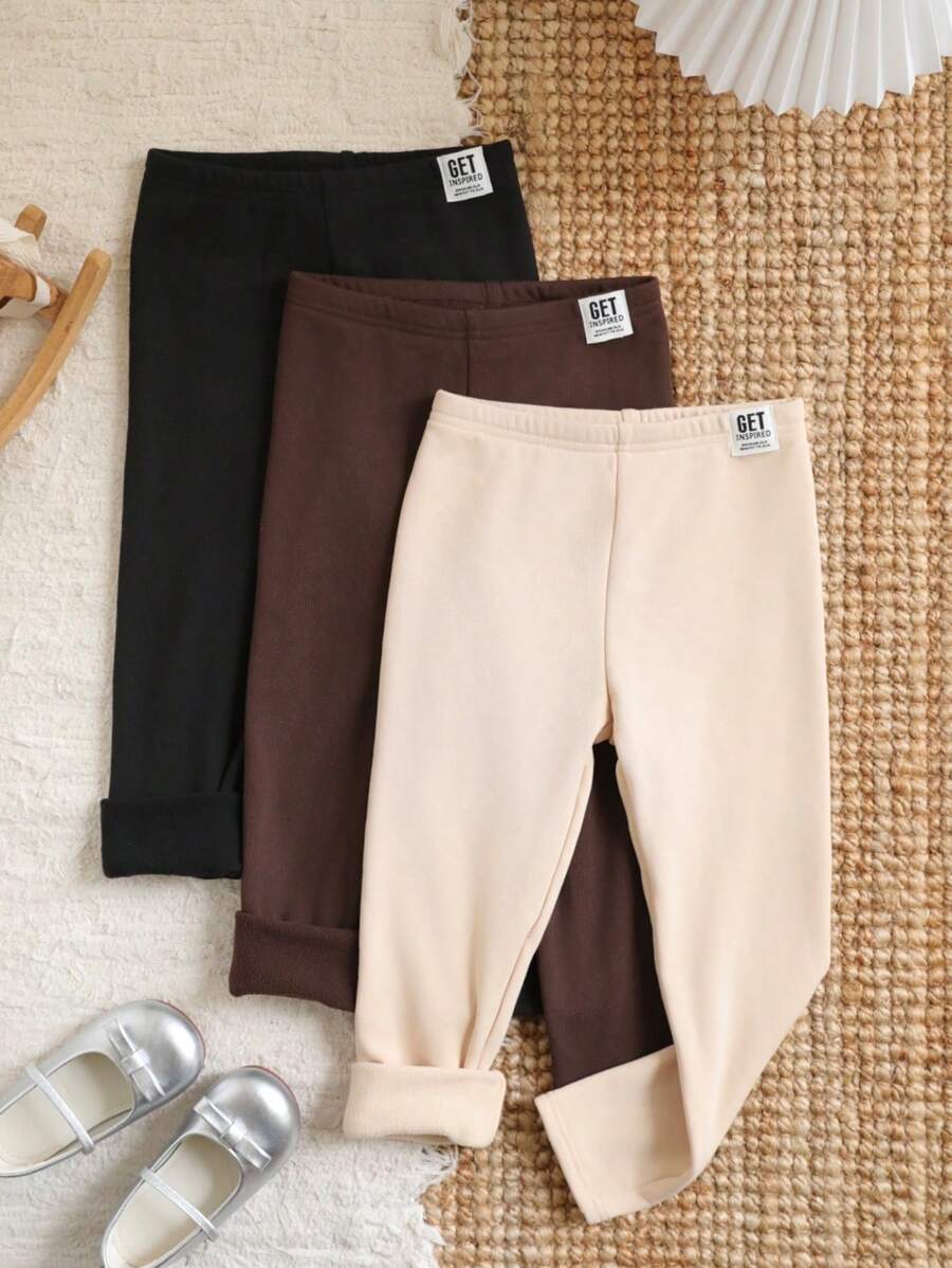 SHEIN LMoss Kids 女童 3件組 LMoss 買1送2 素色字母印花修身冬季內搭褲 - 彩色 - 查看 1
