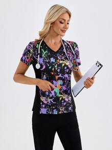 TaskEZ 2 Pockets V-Neck Short Sleeve Splash Ink Printed Uniform Top Scrub Top