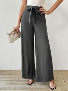 SHEIN Essnce Women's Casual Elastic Waist Bow Gray Waffle Knit Wide Leg Pants