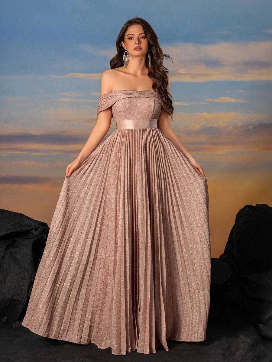 Strapless Sparkling Silk Pleated Skirt Ball Gown Dress - Dusty Pink - View 1
