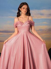 Fishbone Back Criss-Cross Banding Press Pleated Sleeve Shimmering Silk Dress - Pink - View 4