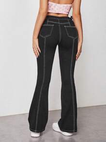 SHEIN EZwear Lace Up Side Solid Flare Leg Jeans - Black - View 2