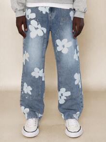 SUMWON Straight Fit Floral Printed Carpenter Jean - Blue - View 2