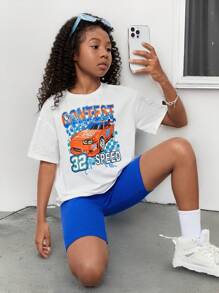 SHEIN Leap Crew Cô gái Tween Đồ họa ô tô và chữ cái Áo thun Thả vai & Quần short đi xe - Nhiều màu - Xem 1