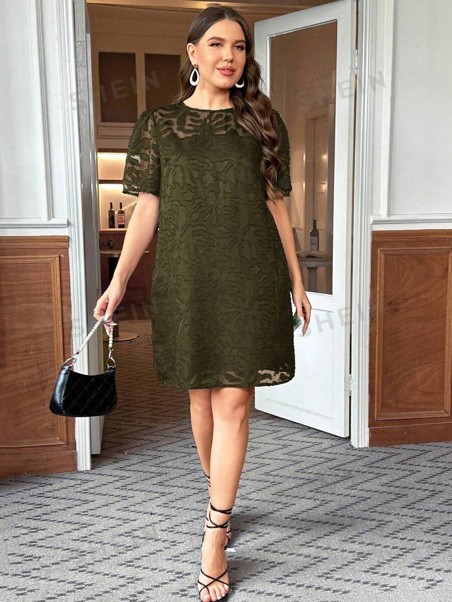 SHEIN Clasi Plus Size Women Jacquard Mesh Round Neck Puff Sleeve