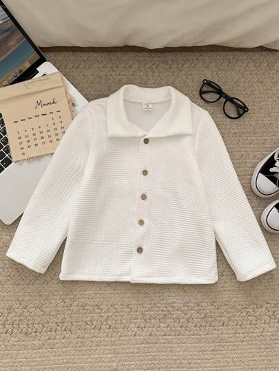 SHEIN 1 peça Casaco quente de malha jacquard com forro térmico e gola virada para baixo, estilo coreano, casual e minimalista, para meninos, adequado para outono e inverno, uso casual e festivo