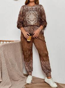 EMERY ROSE Plus Size Women Floral Print Crew Neck Long Sleeve Top And Loose Pants Casual Country Fall Two Pieces Sets - Multicolor - View 6
