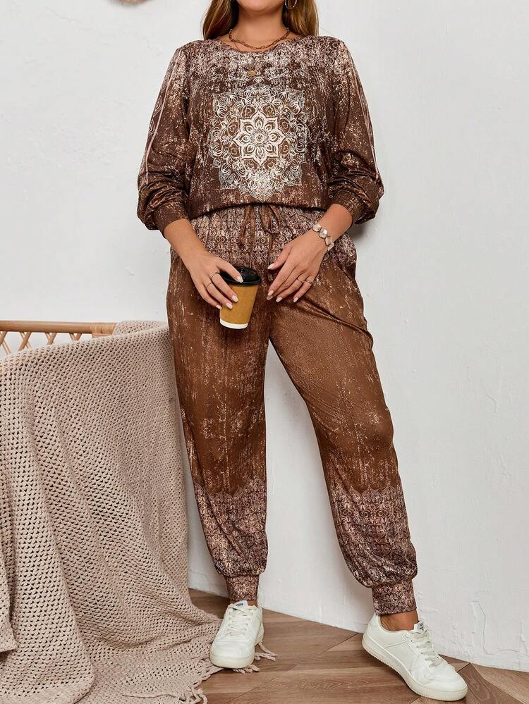 Plus Size Women Floral Print Crew Neck Long Sleeve Top And Loose Pants Casual Country Fall Two Pieces Sets