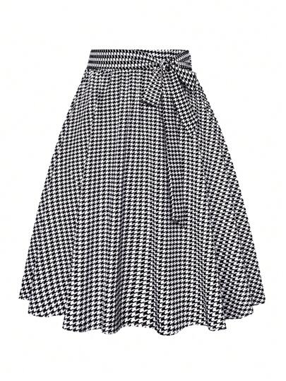 EMERY ROSE Plus Size Tie Waist Houndstooth Pattern Flared Skirt
