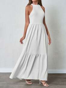 EURMUSE Women Embroidery Halter Neck Romantic Maxi Ruffle Skirt A Line Dress - White - View 5