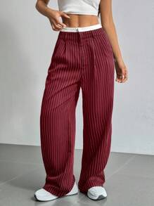 SHEIN EZwear Striped Wide Leg Patchwork Waistband Suit Pants In Fall/Winter - Burgundy - View 3