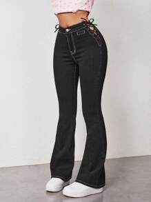 SHEIN EZwear Lace Up Side Solid Flare Leg Jeans - Black - View 6