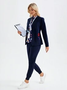 TaskEZ Star Print Long Sleeve Pocket Scrub Uniforms Jacket - Navy Blue - View 3