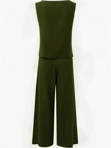 Conjunto de 2 piezas de pantalones y chaleco casuales de unicolor y simple - Verde militar - Ver 4