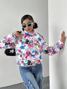 SHEIN Teen Girls Padded Graffiti Print Warm Jacket, Fall & Winter - Multicolor - View 6