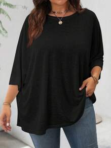 SHEIN LUNE Simple Basic Loose Short Sleeve T-Shirt For Casual & Home Wear, Plus Size - Black - View 6