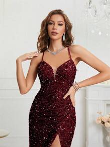 UNITHORSE Split Thigh Sequin Valentine's Day Cami Dress Elegant Formal Evening Prom Wedding Guest Gown, For Graduation, Dinner Party Dress, School Clothes - Màu Đỏ Sâu - Xem 6