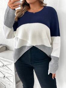 SHEIN LUNE Áo len dài tay cổ tròn màu tương phản cỡ lớn - Nhiều màu - Xem 6