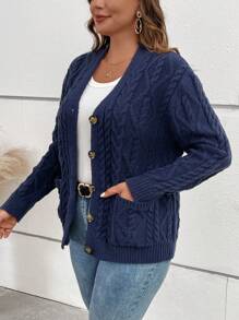 EMERY ROSE Chaqueta de punto de manga larga con cuello en V, bolsillos y tejido de cable para mujer de talla grande - azul real - Ver 7