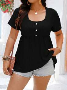 EMERY ROSE Plus Size Women Summer Solid Color Button Half-Placket Short Sleeve Casual T-Shirt - Black - View 3