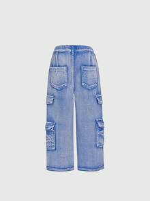 Quần Jeans Cargo Denim Phai Màu Cho Bé Gái, Đỏ Hồng - Màu xanh lam - Xem 2