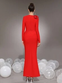 Modphy New 3D Floral Decor Mermaid Maxi Bandage Dress, Bodycon Formal Party Gown For Wedding Bridesmaids, Ladies Evening Dress Eid Al Fitr Dress - Red - View 2