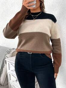 SHEIN LUNE Áo len cổ tròn tay dài Color Block cỡ lớn - Nhiều màu - Xem 4