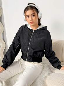 Teen Girl Casual Stylish Short Colorblock Fluffy Black Bomber Jacket - Black and White - View 6