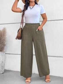 SHEIN VCAY Quần dài thường ngày màu trơn cỡ lớn cho nữ - xanh quân đội - Xem 1