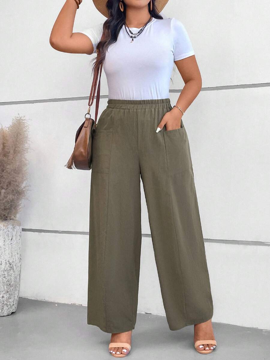 SHEIN VCAY Quần dài thường ngày màu trơn cỡ lớn cho nữ - xanh quân đội - Xem 1