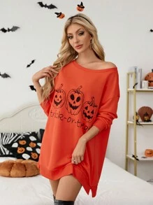 SHEIN Essnce Damen Halloween Thema Sweatshirt mit Langarm und Rundhals-Ausschnitt, Grafik Sweatshirt, Kürbis Sweatshirt, Halloween Sweatshirt, Halloween Kleidung, Oversized Sweatshirt, Warm gefütterter Sweatshirt mit Fleece, Off-Shoulder Sweatshirt - Gebrannte Orange - Übersicht 6
