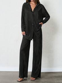 SHEIN Tall Women's Tall Pleated Two-Piece Outfits - Black - View 1