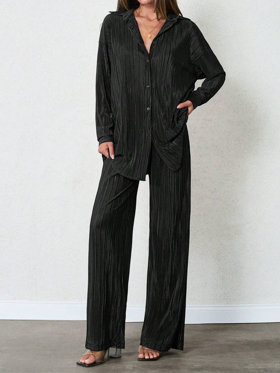 SHEIN Tall Women's Tall Pleated Two-Piece Outfits - Black - View 1