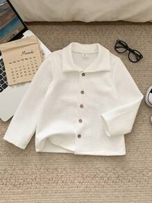 SHEIN 1pc Young Boy Casual Minimalist Korean Style Knit Jacquard Thermal Lined Turndown Collar Long Sleeve Warm Jacket, Suitable For Autumn & Winter, Casual & Holiday Wear - White - View 6