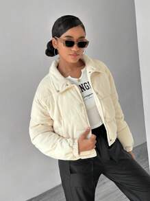 SHEIN Áo khoác đệm ngắn cổ đứng bằng vải nhung kẻ cho bé gái tuổi teen, mùa thu/đông - Màu be - Xem 4