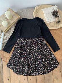 SHEIN Leap Crew Young Girl Knitted Solid Color Patchwork Floral Casual Dress - Black - View 2