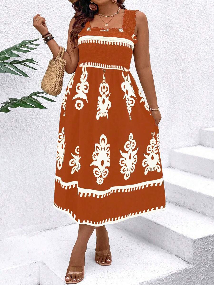 SHEIN Clasi Plus Size Women Vintage Style Print Square Neck Sleeveless Dress - Burnt Orange - View 1