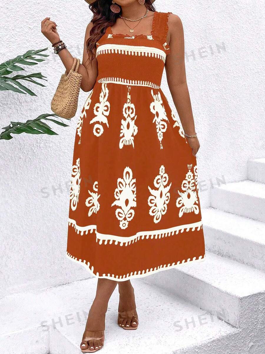 SHEIN Clasi Vestido sin mangas de cuello cuadrado con estampado de estilo vintage para mujer talla grande - Naranja Quemada - Ver 1