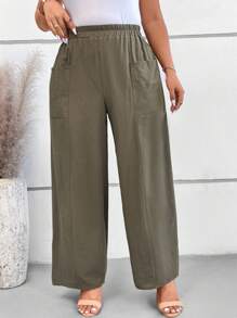 SHEIN VCAY Quần dài thường ngày màu trơn cỡ lớn cho nữ - xanh quân đội - Xem 6