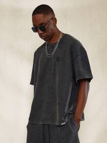 SUMWON Washed Tee And Jort With Front & Back Seam Detail 2 Piece Set - Grey - View 3