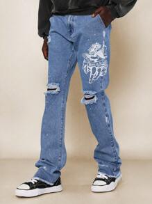 SUMWON Jean ajustado acampanado con borde crudo rasgado y estampado gráfico - Azul - Ver 1