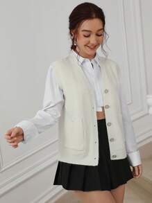 EMERY ROSE 高级休闲 V 领口袋针织背心 - 白色 - 查看 2