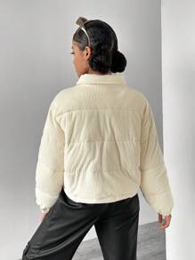 SHEIN Áo khoác đệm ngắn cổ đứng bằng vải nhung kẻ cho bé gái tuổi teen, mùa thu/đông - Màu be - Xem 2